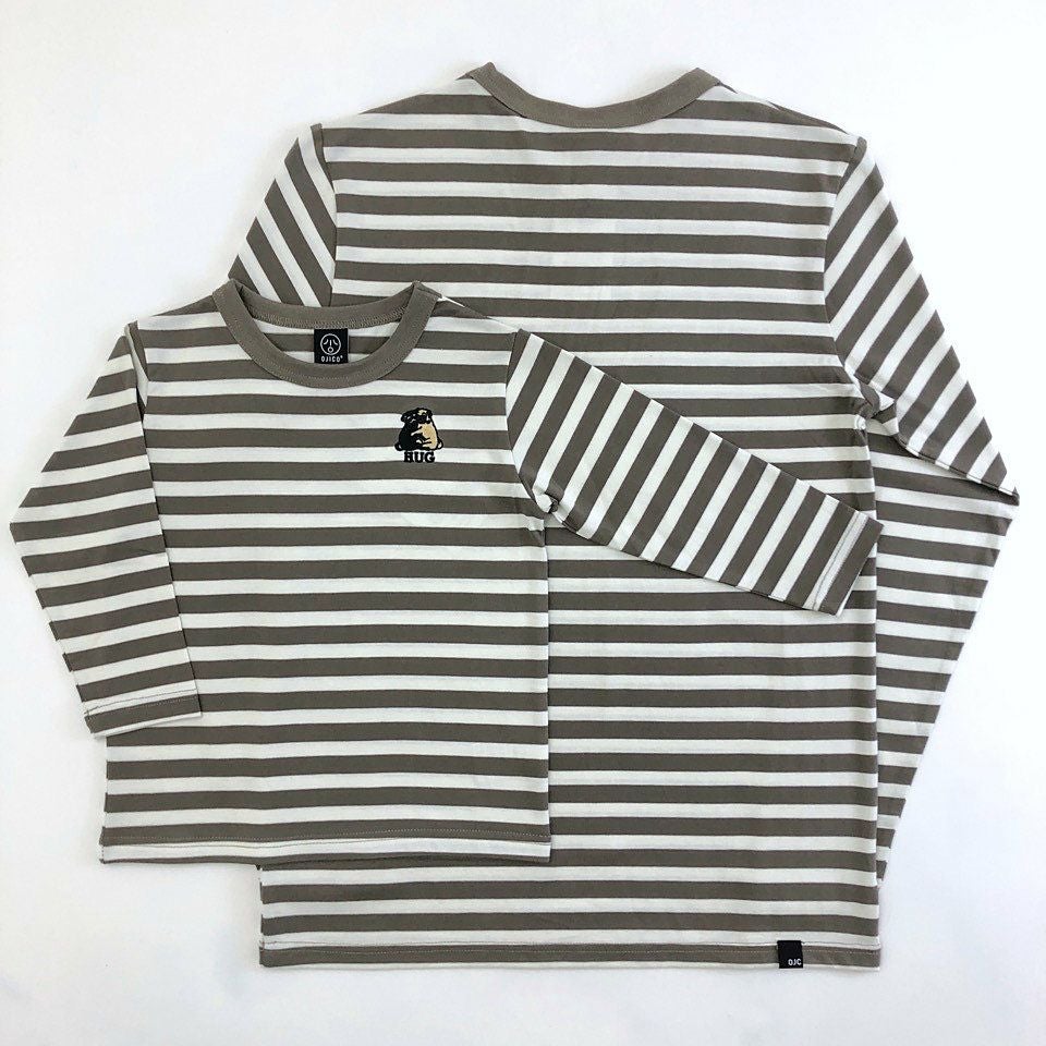 刺繍ボーダー長袖Tシャツ「PUG」（パグ）